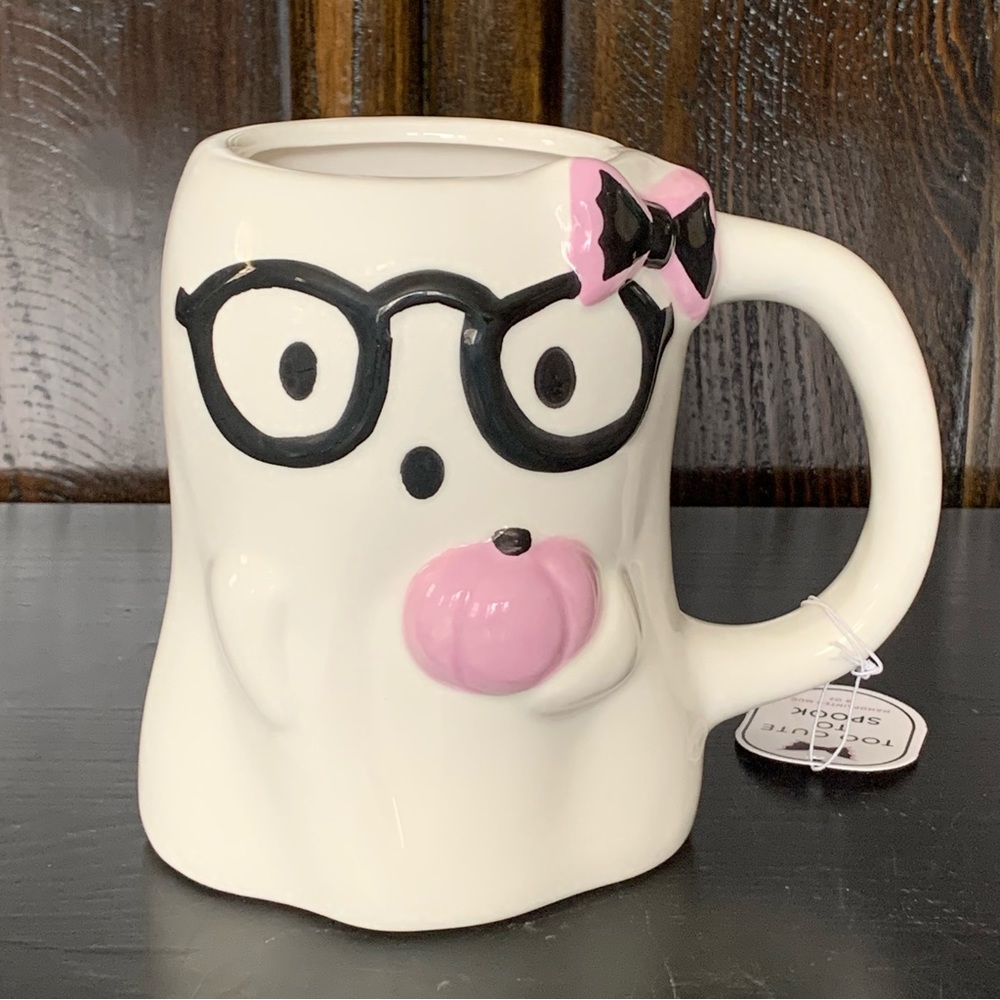 Ghost Girl with Glasses and Pink Pumpkin Ceramic Halloween Mug